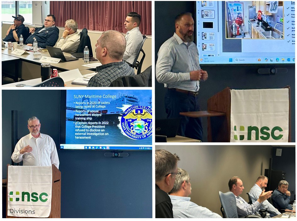 A collage of four images from NSC Waterborne Division meetings features attendees listing to speakers present maritime resources
